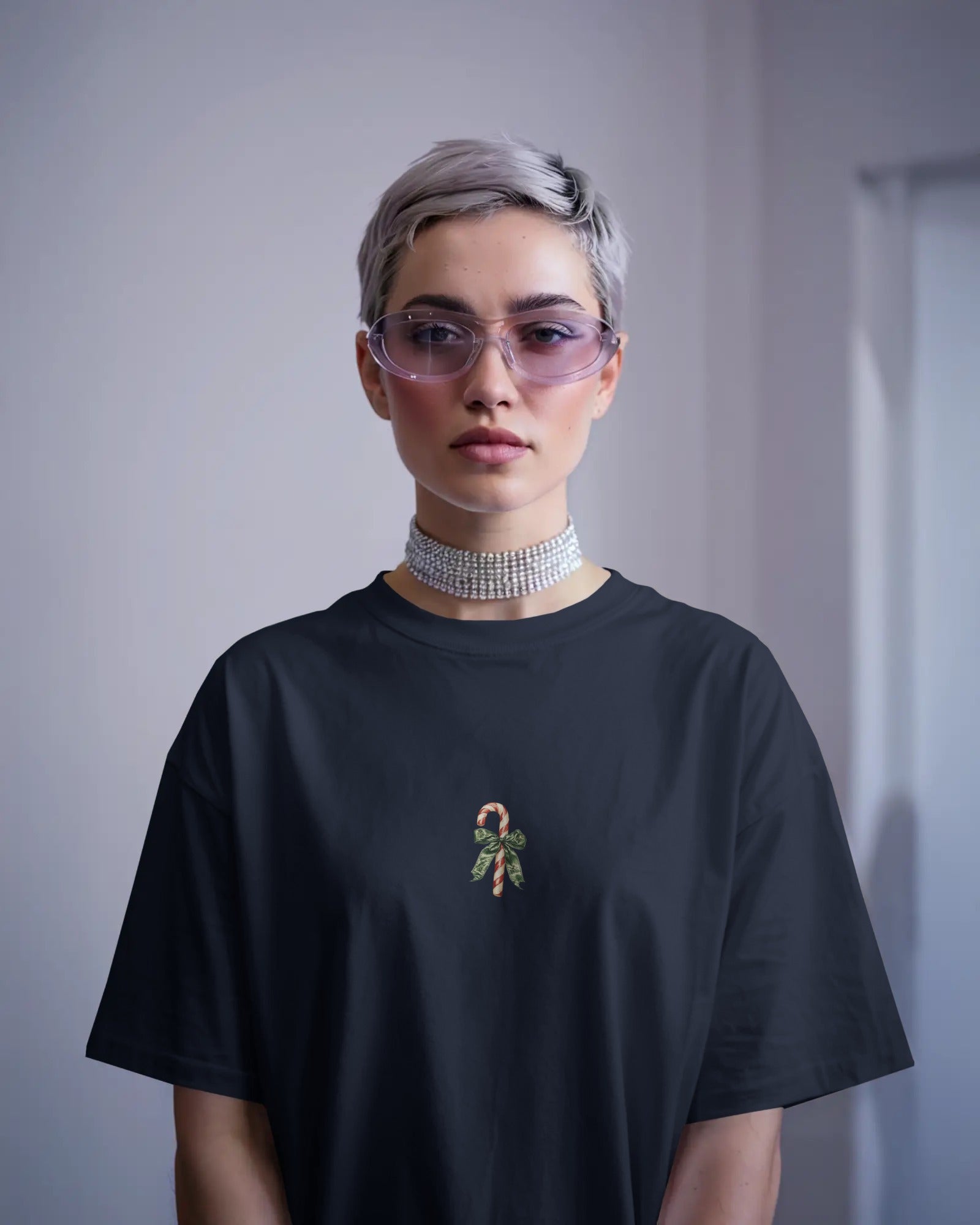 Christmas Sock + Candy Cane Baggy Tshirt Navy