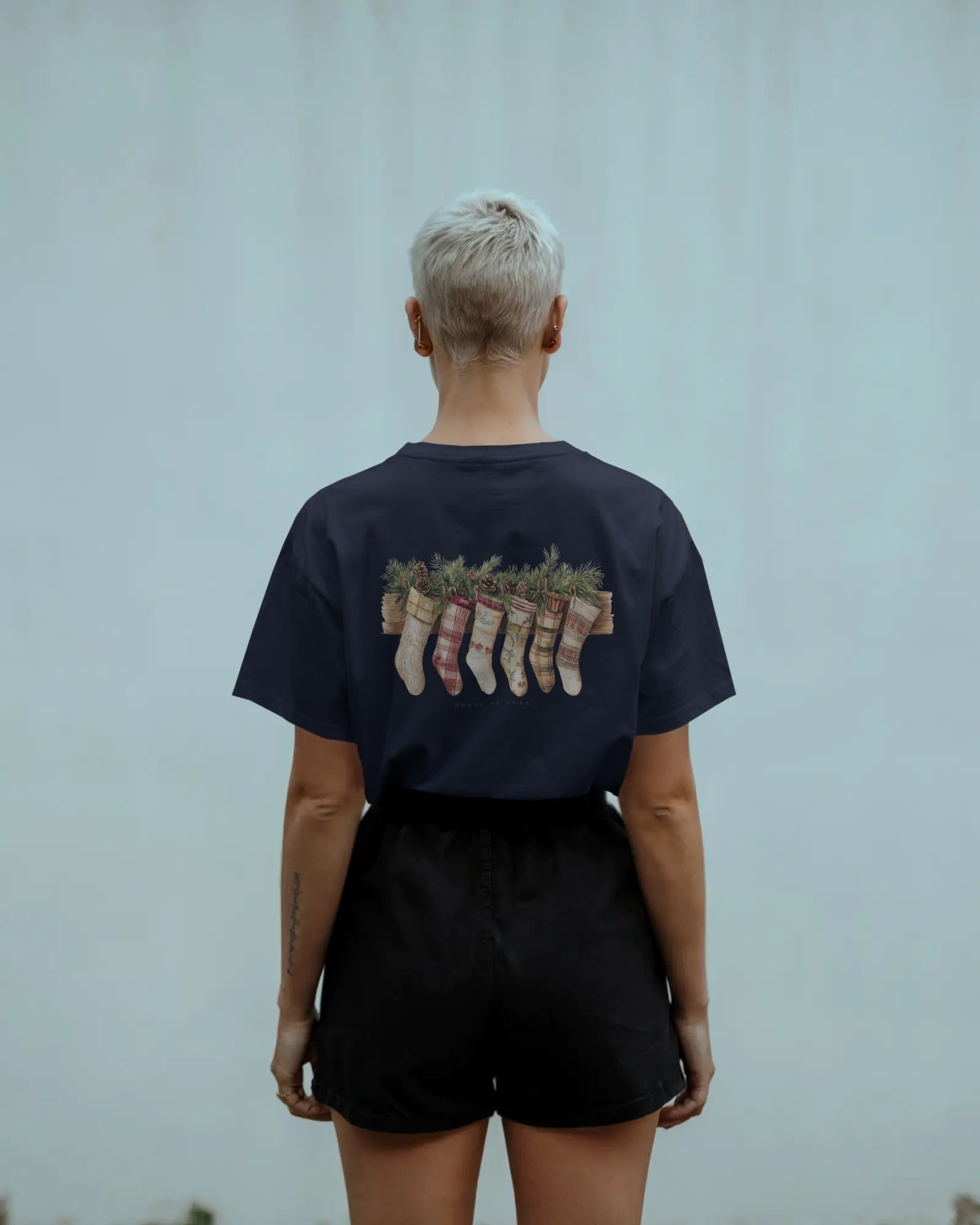 Christmas Sock + Candy Cane Baggy Tshirt Navy